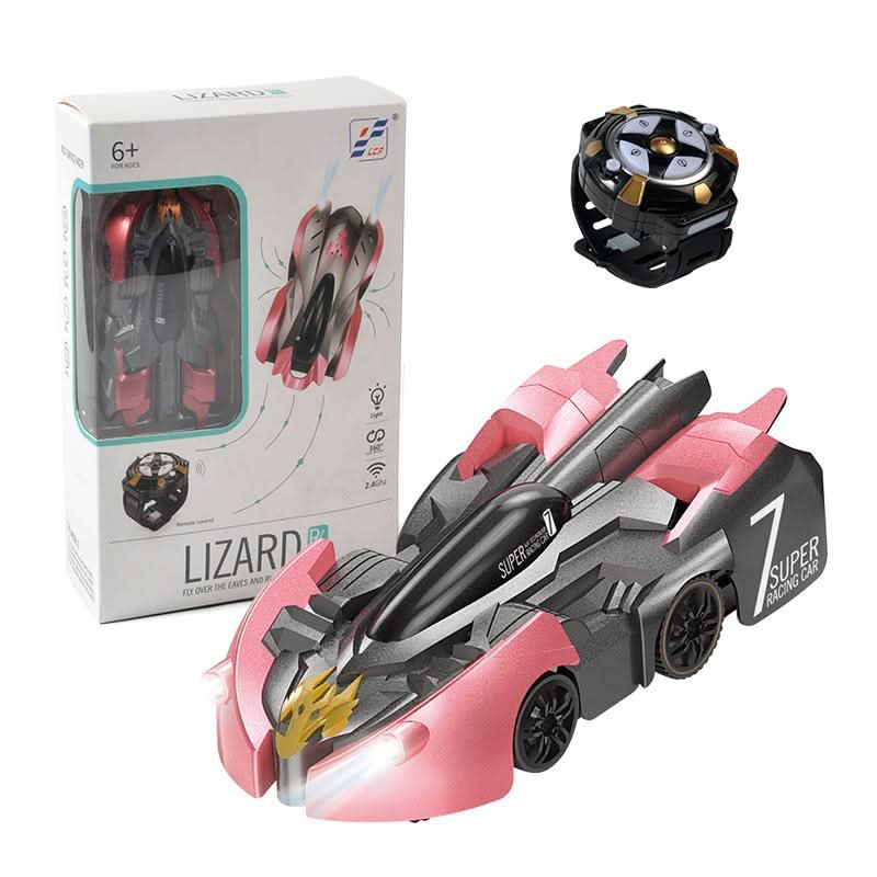 Radiostyrt bil i bevegelse på en vertikal overflate, med lysende LED-lys, for barn og lek.