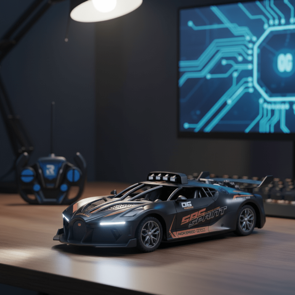 Barn leker med rask RC driftbil innendørs, kontrollerer fjernstyrt hobbybil spennende