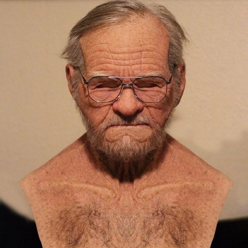 Realistisk lateksmaske i gammel mann stil for Halloween med autentiske ansiktstrekk, miljøvennlig og elastisk materiale.