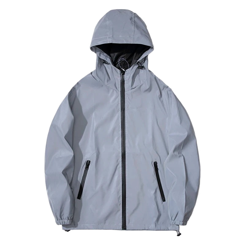 Reflekterende vindjakke for menn, ideell for nattbruk, sikkerhet, grå polyester.