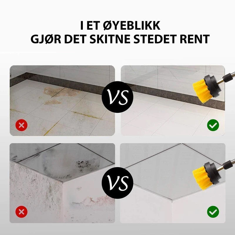 "Rengjøringsbørstesett med 3 former: 2'' rund, 3,5'' hjørne, 4'' rund for effektiv, skånsom rengjøring."