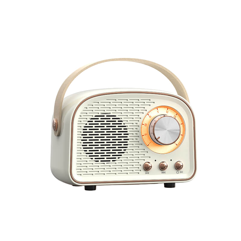 Retro Bluetooth-høyttaler i vintage design med treutførelse og bærbar funksjonalitet for trådløs musikk.