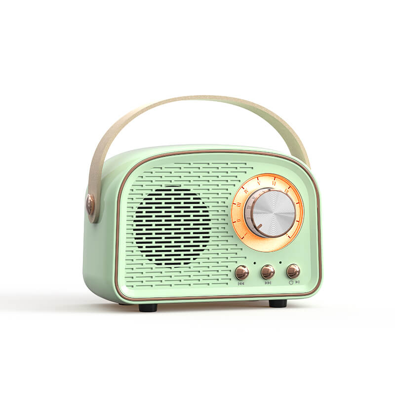 Stilfull retro Bluetooth-høyttaler med en tidløs estetikk og utmerket lydkvalitet for musikkavspilling.