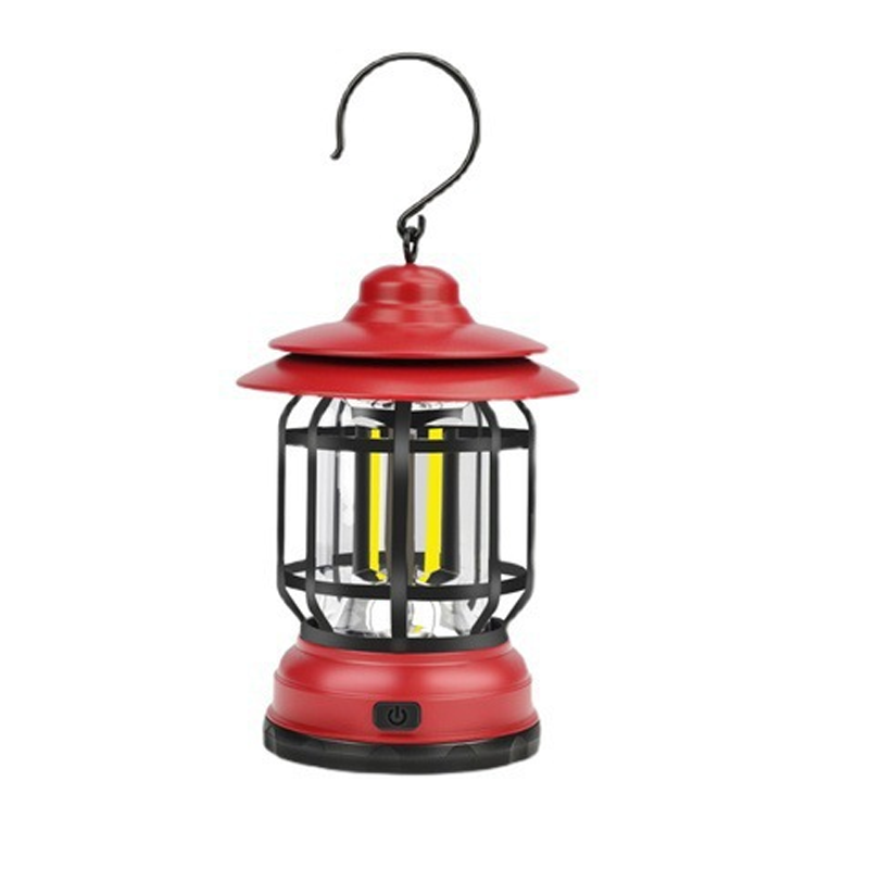 "Retro campinglampe med LED-lys, USB-lading, metallkonstruksjon og vintage design for stilfulle ute- eller innendørsopplevels