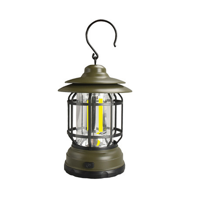 "Retro campinglampe med LED-lys, USB-lading, metallkonstruksjon og vintage design for stilfulle ute- eller innendørsopplevels