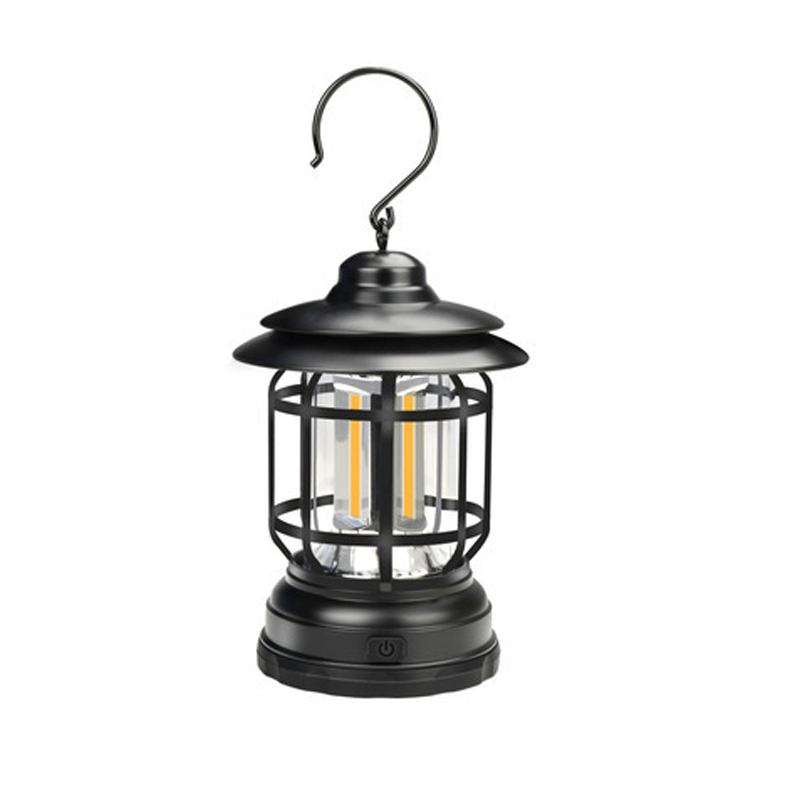 "Retro campinglampe med LED-lys, USB-lading, metallkonstruksjon og vintage design for stilfulle ute- eller innendørsopplevels
