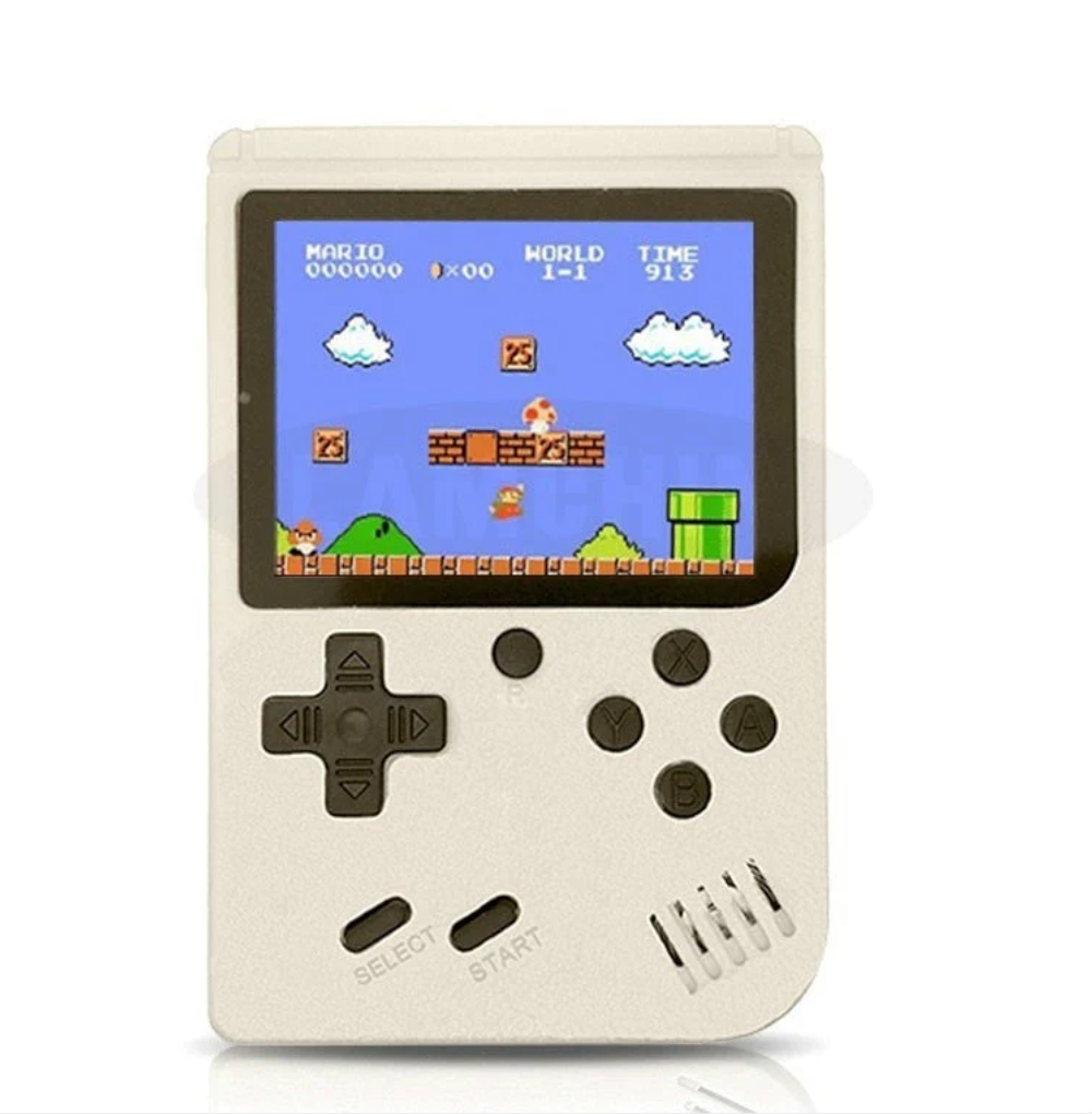 Retro Pocketboy spillkonsoll i lommeformat med 500 klassiske spill. Kompakt design, blått og hvitt skall, bærbar.