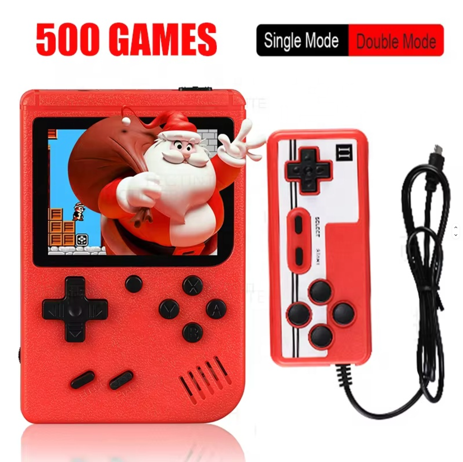Retro Pocketboy spillkonsoll i lommeformat med 500 klassiske spill. Kompakt design, blått og hvitt skall, bærbar.
