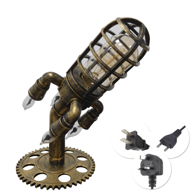Fullt utsyn av den unike rakettlampen, showcasing dens steampunk sjarm og flammeeffekt