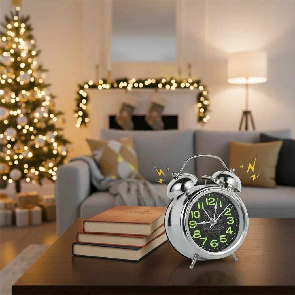 Stillegående retro vekkerklokke for soverommet, med dobbel ring og høy alarm, i elegant metallutførelse.
