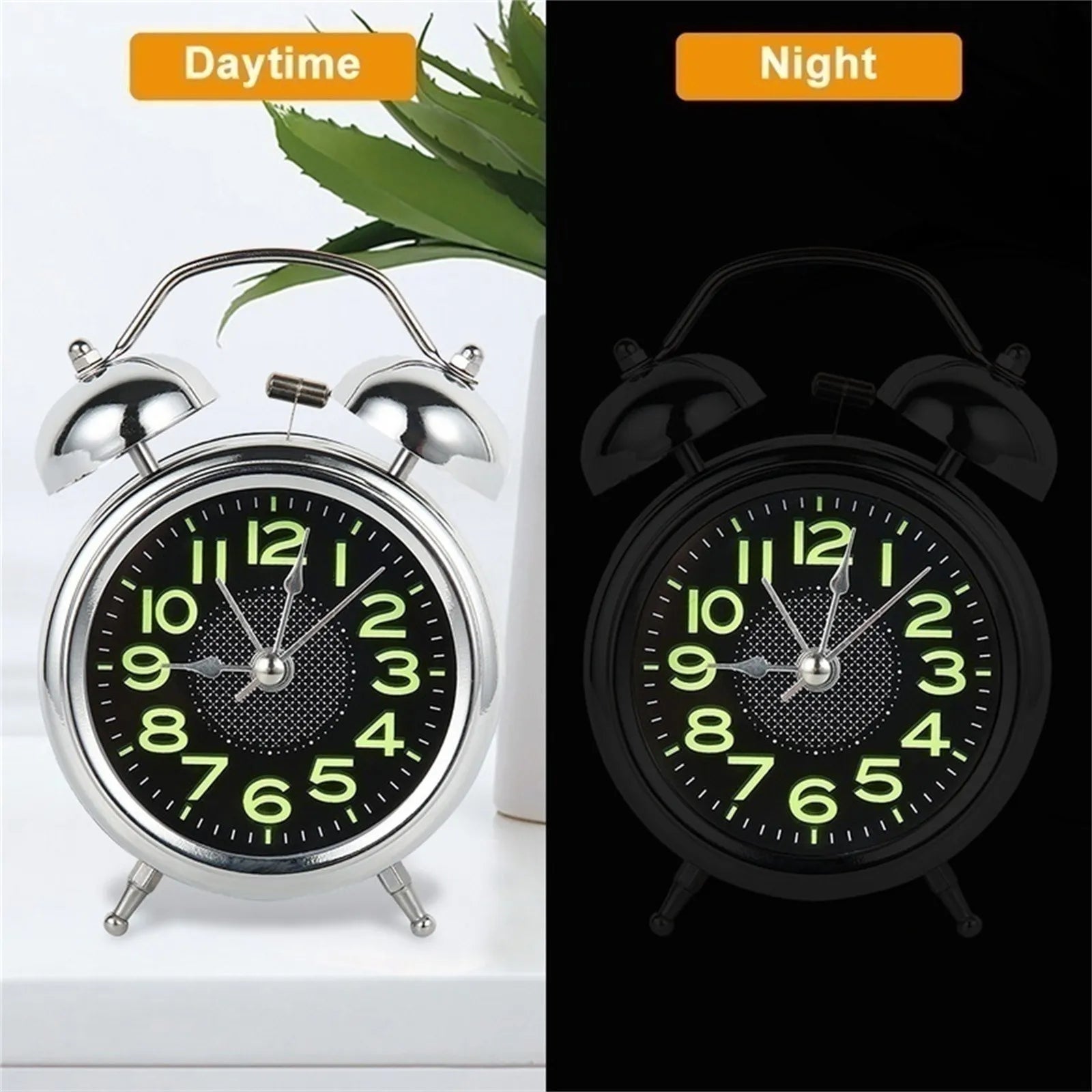 Bilde av en klassisk bordklokke i retrostil, med høy alarm og nattlys, ideell for soverommet.