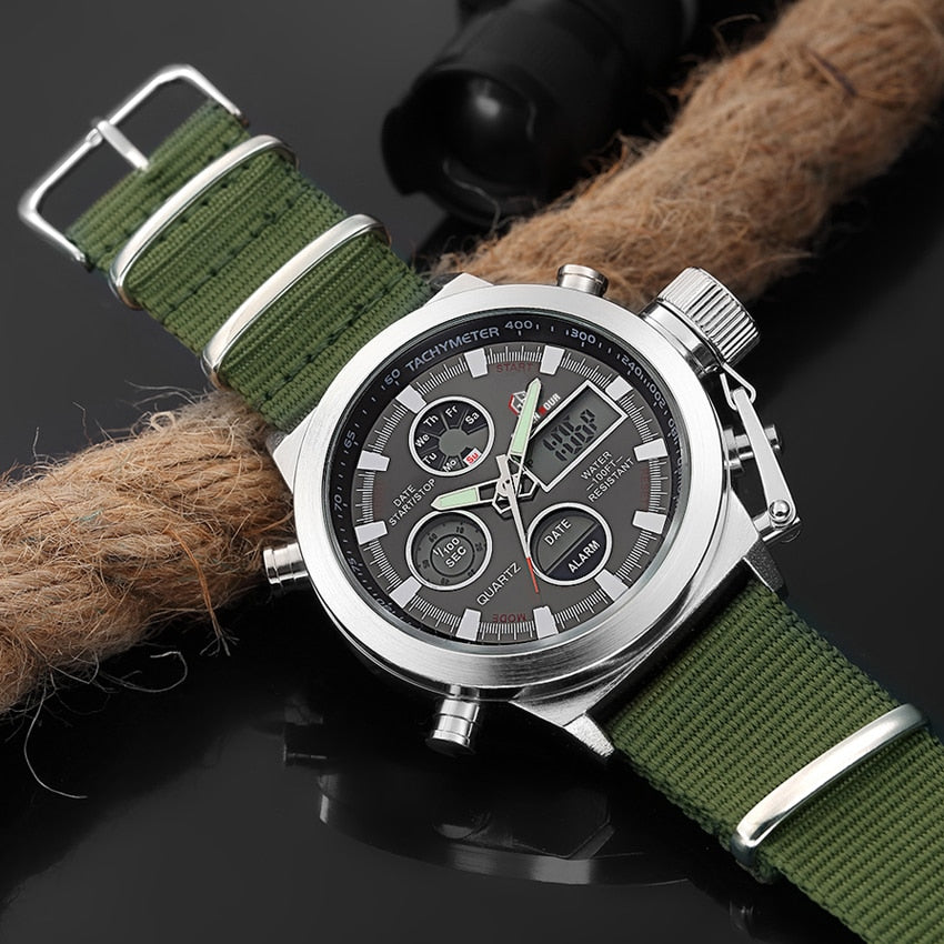 Vanntett militærklokke klar for eventyr. Robust herreklokke med dual display og solid nylonrem.