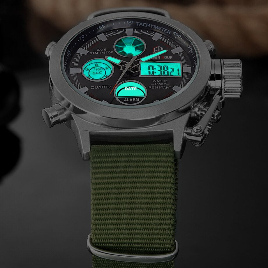 Detaljert bilde av robust urkasse på militærklokke. Vanntett herreklokke med dual display.
