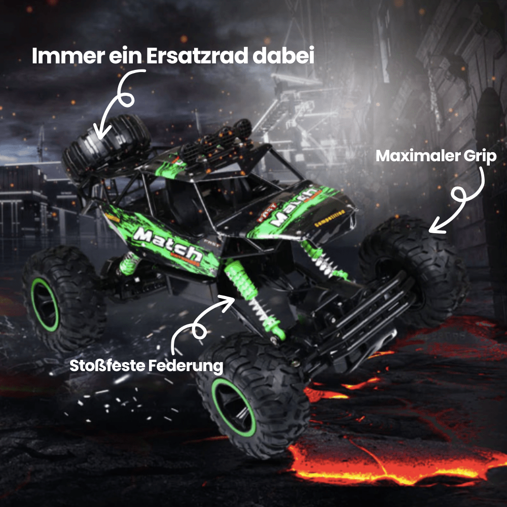 Robust RC monstertruck med kraftig design og store hjul, bygget for tøff terrengkjøring 4x4.