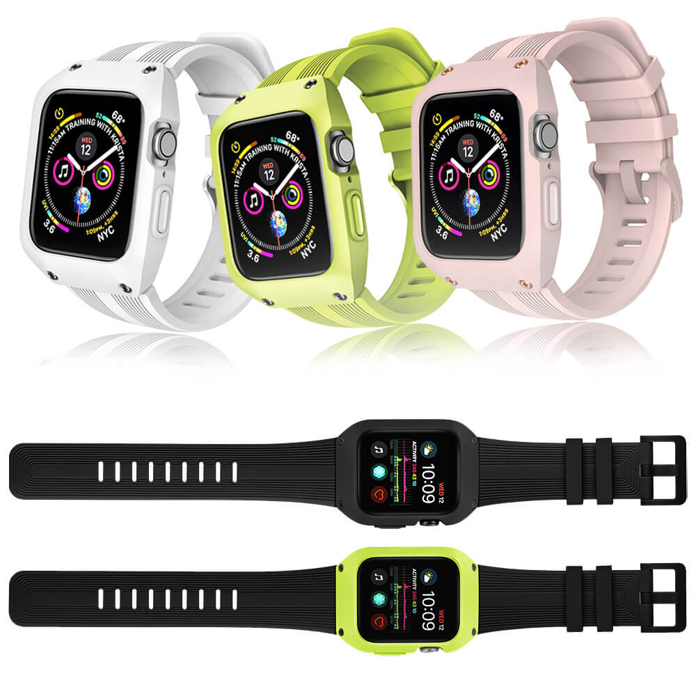 Frontvisning av Apple Watch 44mm deksel med silikonrem, støtsikker for Series 4/5 bruk.
