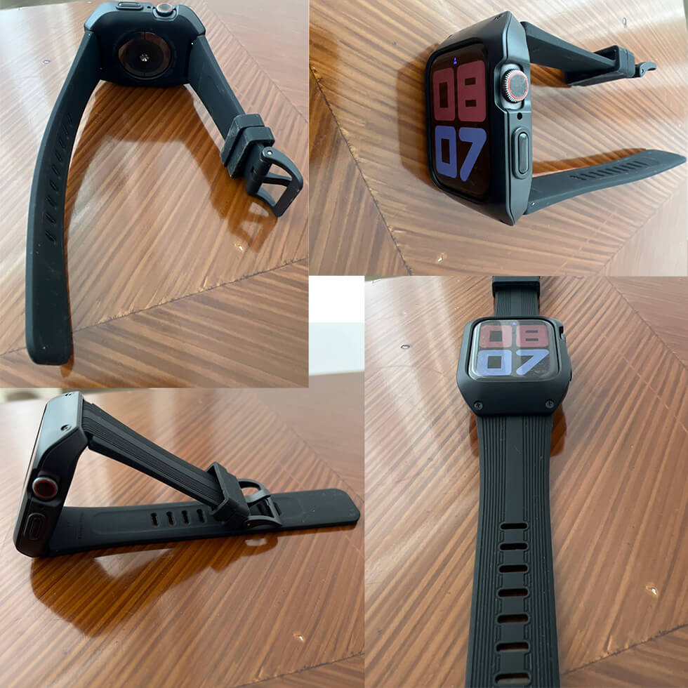Nærbilde av robust Apple Watch 44mm klokkebeskyttelse, med komfortabel silikonrem.