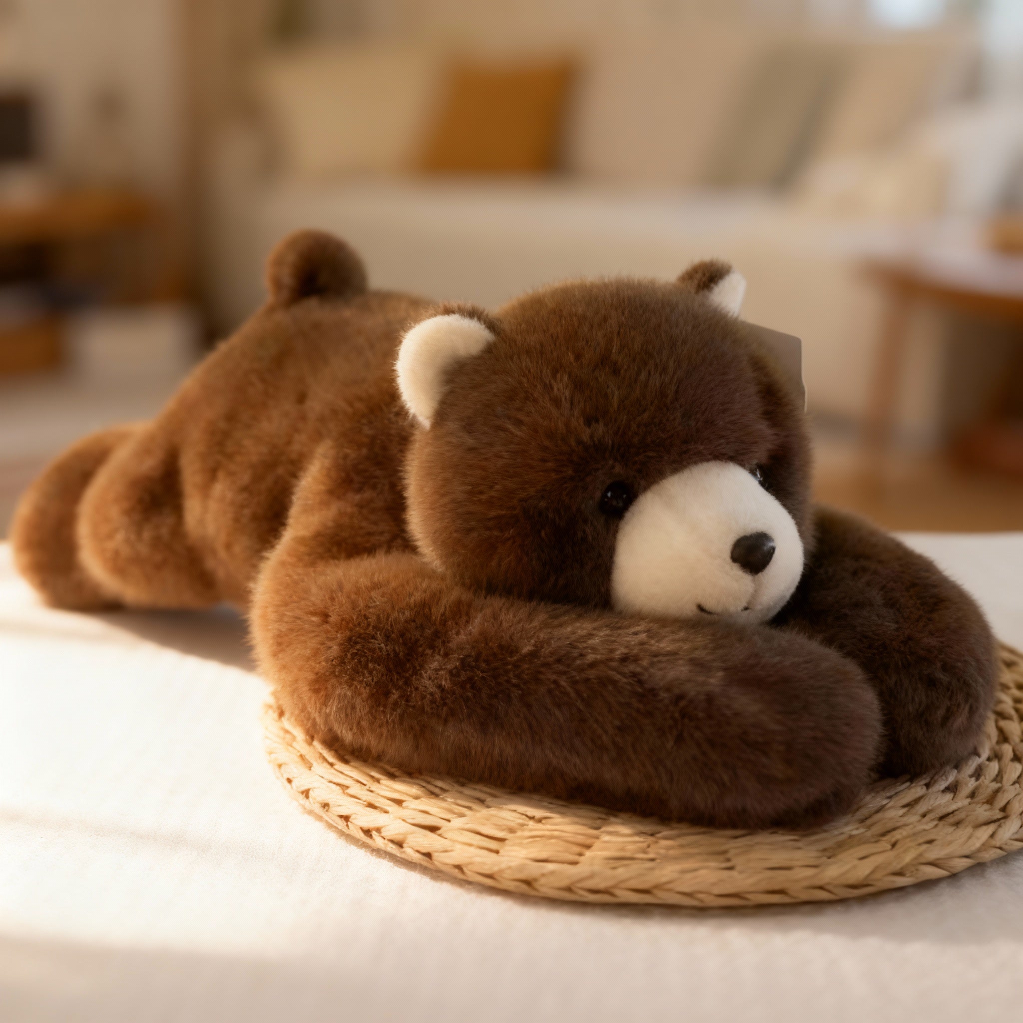 CalmCuddle plysj med et beroligende uttrykk, designet for avslapning og stressreduksjon, miljøvennlig plysj