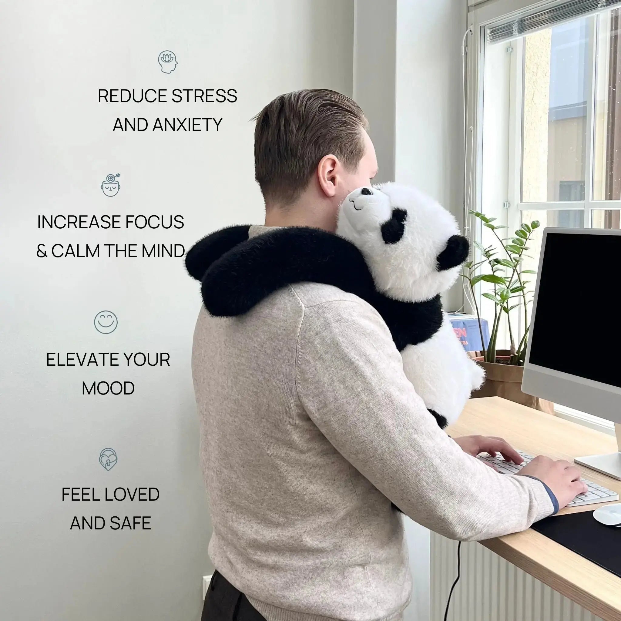 Unisex CalmCuddle stresslindrende klemme plysj, hvit og grå, for avslapning og velvære, miljøvennlig