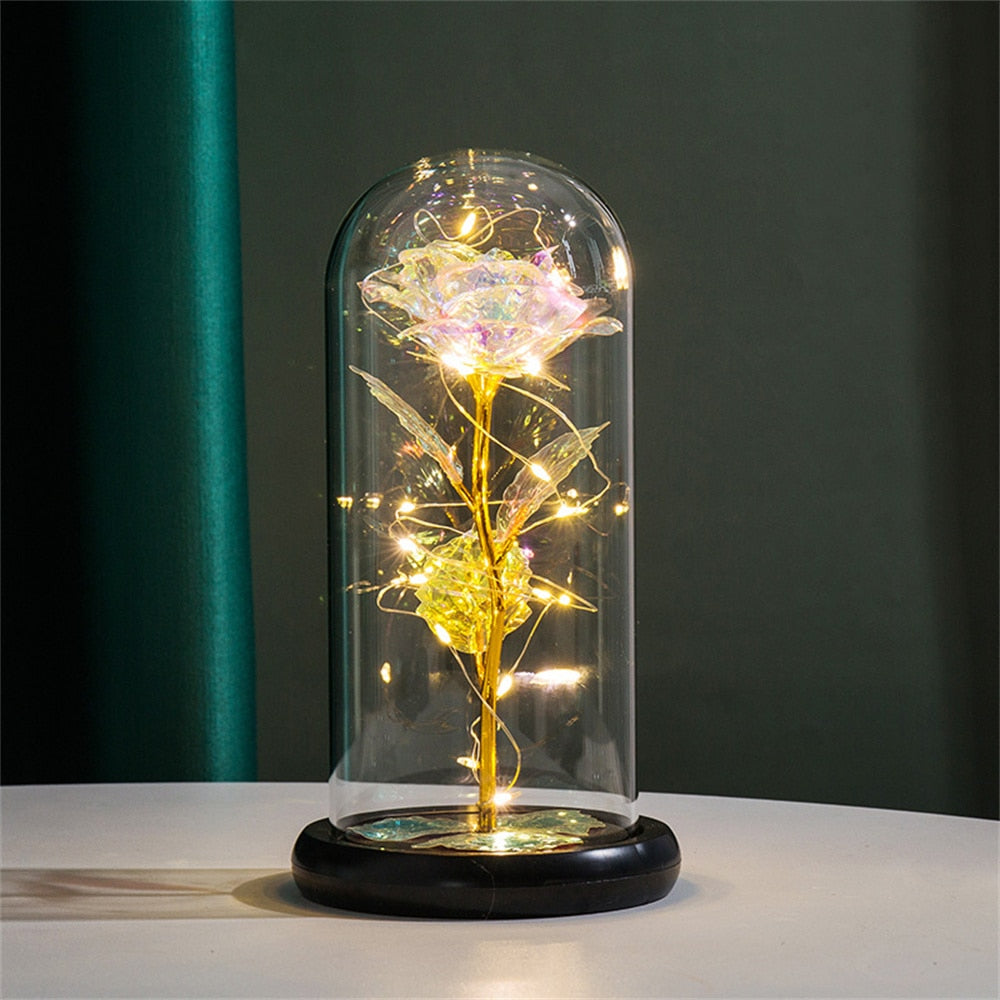 Overhead-bilde av Romantisk Rosekuppel Lys, fremhever toppen av glasskuppelen og rosen inni, for en unik dekorasjon.