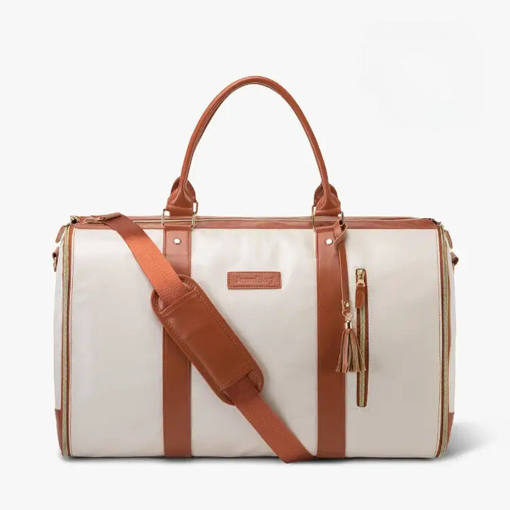"Romslig JenniBag håndbagasje i beige, 60L, med avtakbare hjul og innovativ design for moderne reisende."