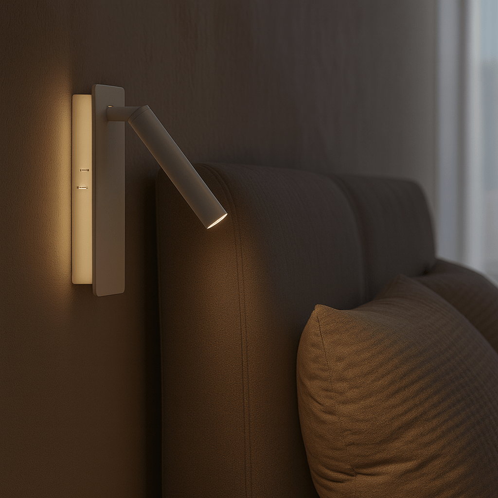 Nær bilde av roterbar LED-lampe. Viser fleksibel justering av lysretning for lesing og stemningslys på soverom.