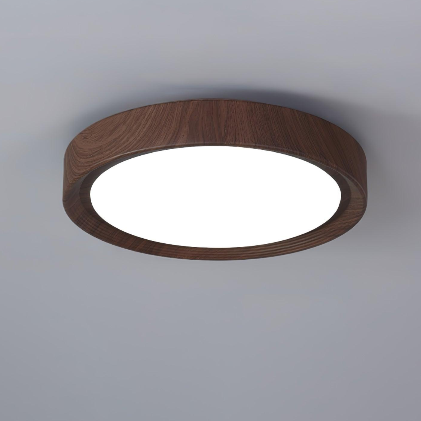 "Rund taklampe i mørke trekorn, nordisk design med LED-lys, akryldetaljer skaper varm atmosfære"