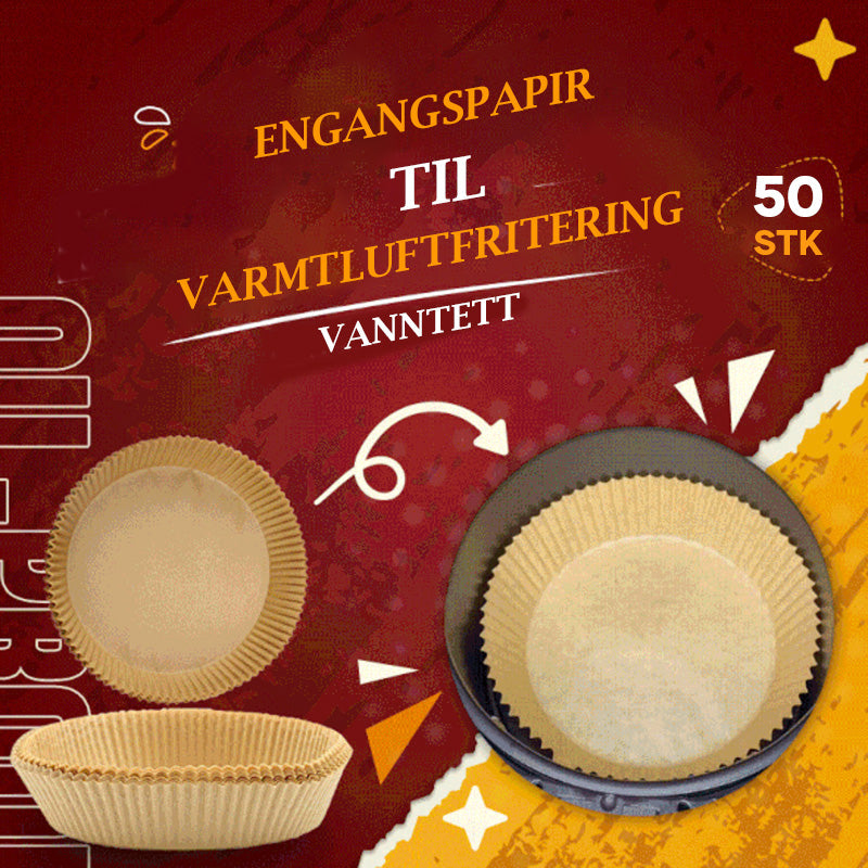 Rundt Air Fryer engangspapir, hvit, silikonbelagt, holder airfryer ren, egnet for matlaging, baking og grilling.