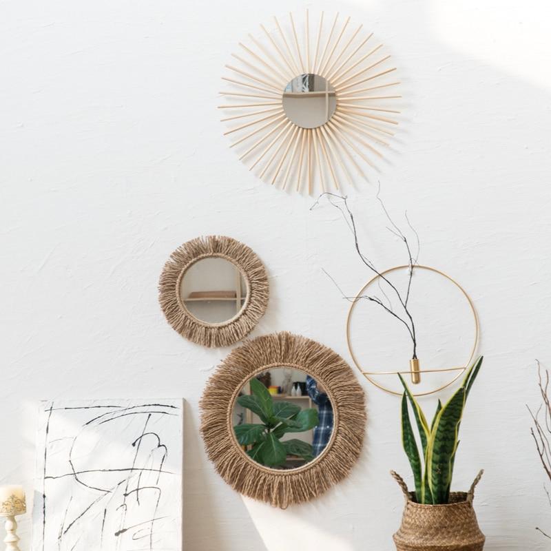 Boho speil med tykk ramme av naturlig hampetau, et pent blikkfang som veggdekor i stuen eller gangen.