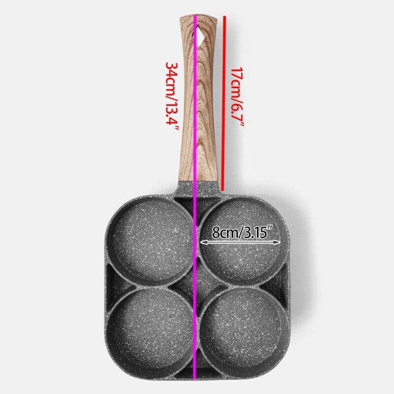 Stekepanne med 4 separate nonstick-rom for egg. Laget av rustfritt stål, perfekt for frokostmåltider.