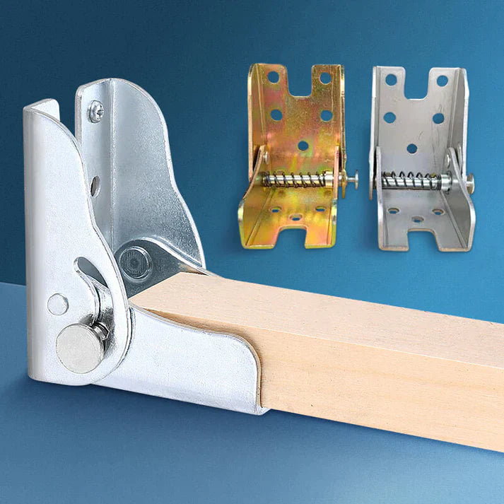 "Rustfritt 90 grader selvlåsende foldehengsel, robust stål, plassbesparende design for sammenleggbare møbler."
