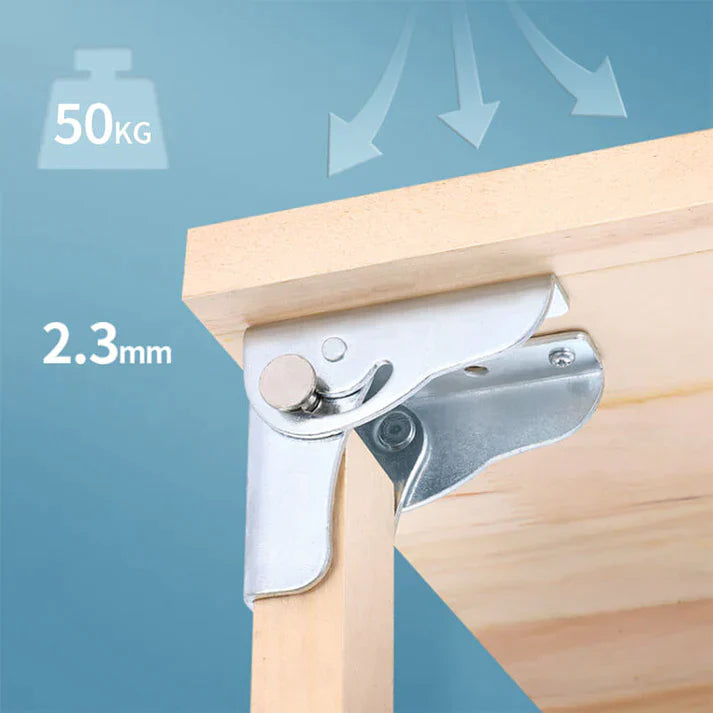"Rustfritt 90 grader selvlåsende foldehengsel, robust stål, plassbesparende design for sammenleggbare møbler."