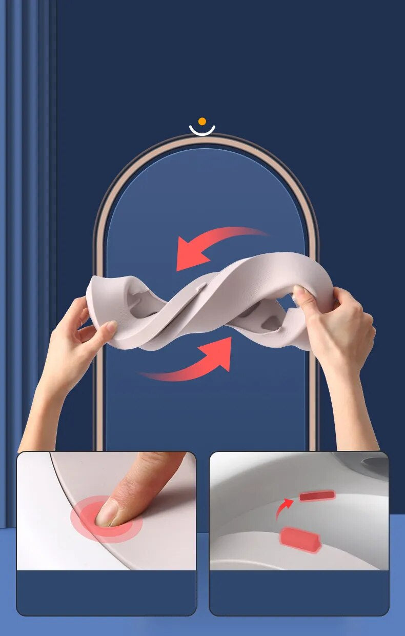 "Sammenleggbar Potty Training Seat, justerbar, trygg, hvit og blå, passer til små bad, antiskli føtter, kompakt design."