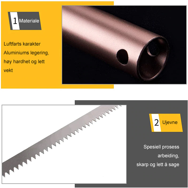"Sammenleggbar sag med slitesterkt blad og aluminiumslegering, ideell for hagearbeid og friluftsliv."