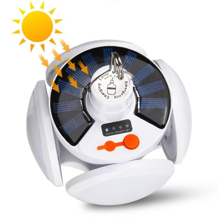 Sammenleggbar solcelle LED-pære for camping. Bærbart utendørs lys med solenergi.