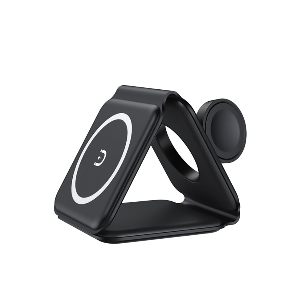 Sammenleggbar trådløs lader med magnetisk feste for smarttelefon og smartklokke, 3-i-1 funksjon.