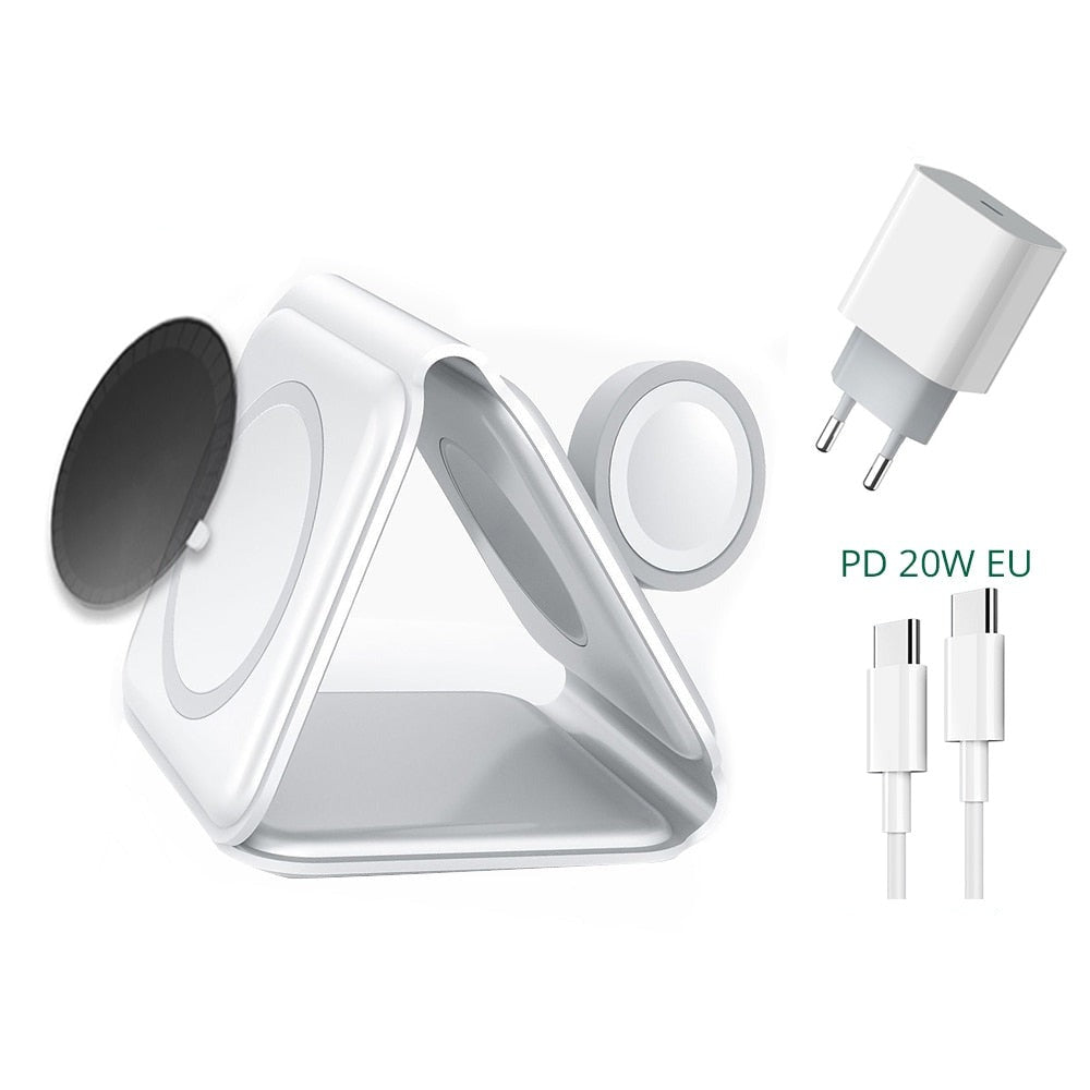 Bruk av 3-i-1 magnetisk trådløs lader til å lade både smarttelefon og smartklokke samtidig.