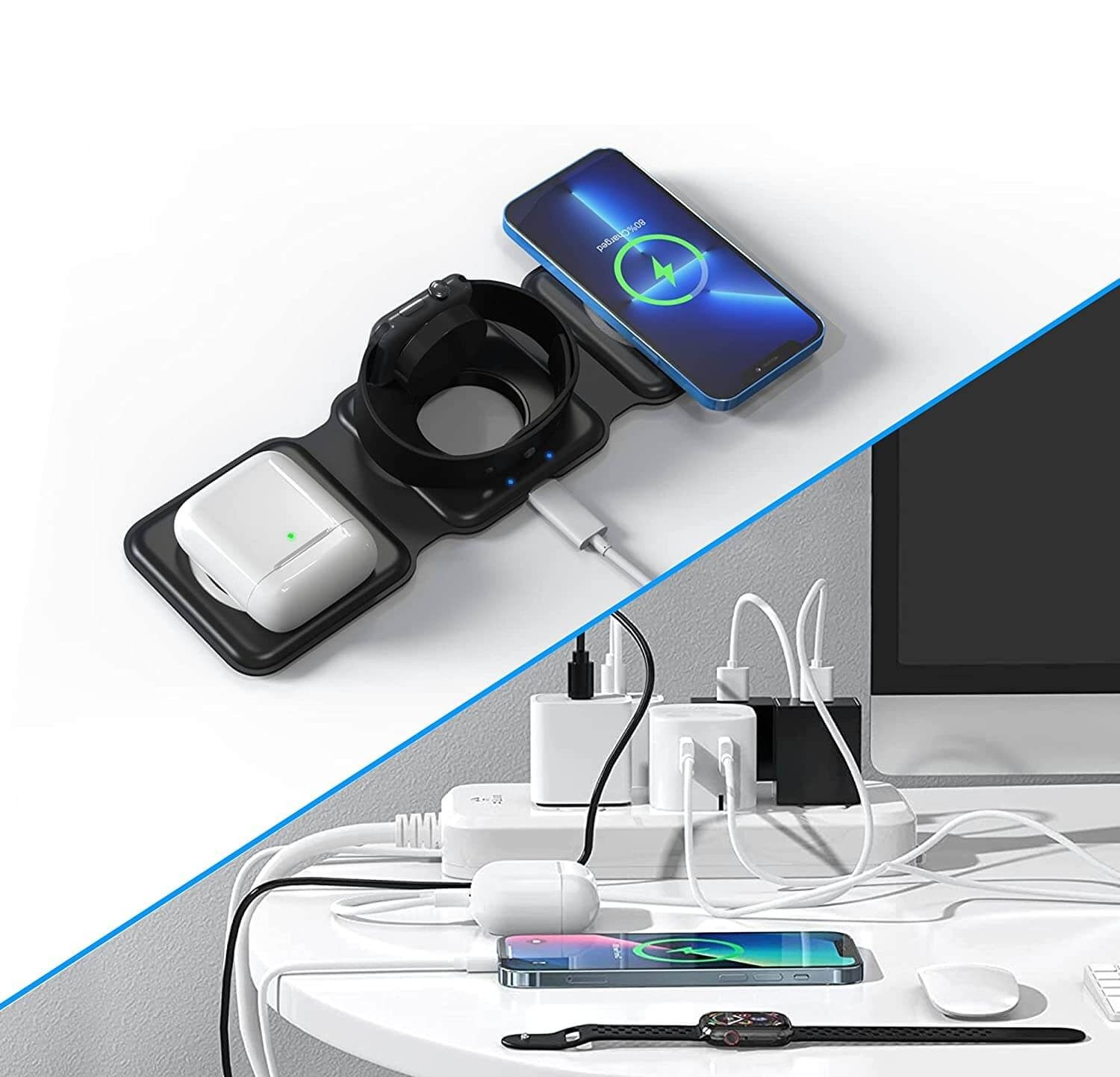 Magnetisk trådløs lader som enkelt foldes sammen, perfekt for mobil og smartklokker.