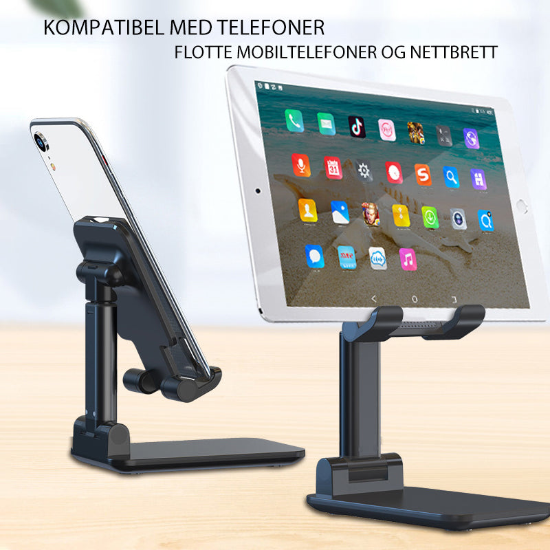 "Sammenleggbart justerbart bordstativ i aluminium for mobil/nettbrett, kompakt design, gir optimal visningsvinkel."