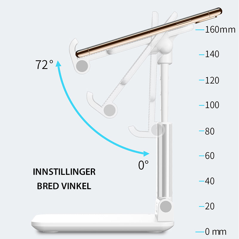 "Sammenleggbart justerbart bordstativ i aluminium for mobil/nettbrett, kompakt design, gir optimal visningsvinkel."