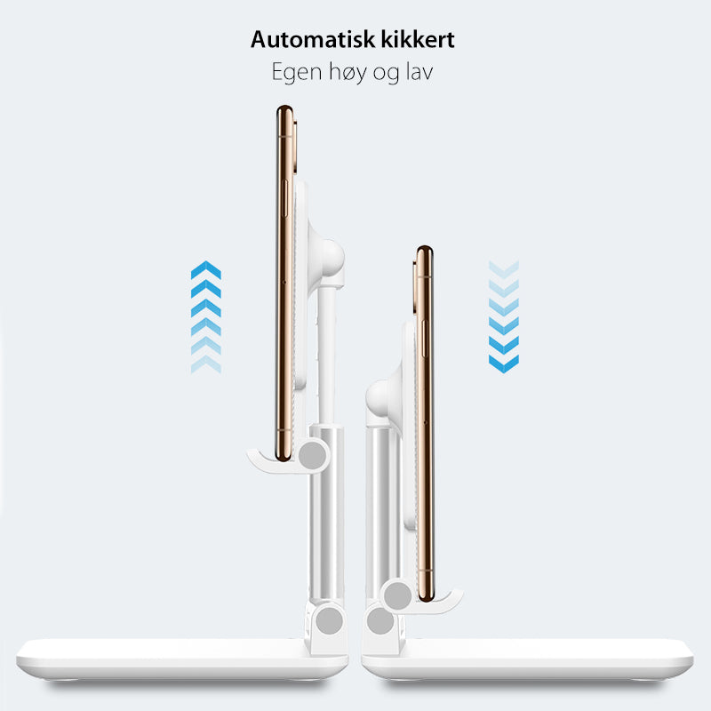 "Sammenleggbart justerbart bordstativ i aluminium for mobil/nettbrett, kompakt design, gir optimal visningsvinkel."