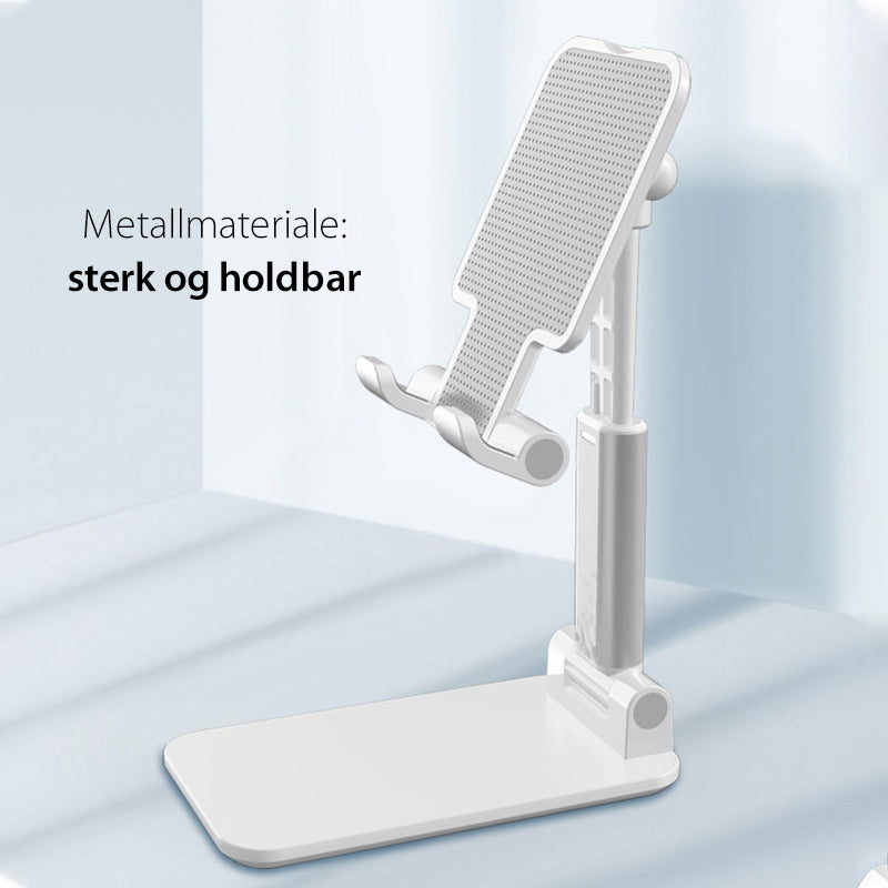"Sammenleggbart justerbart bordstativ i aluminium for mobil/nettbrett, kompakt design, gir optimal visningsvinkel."