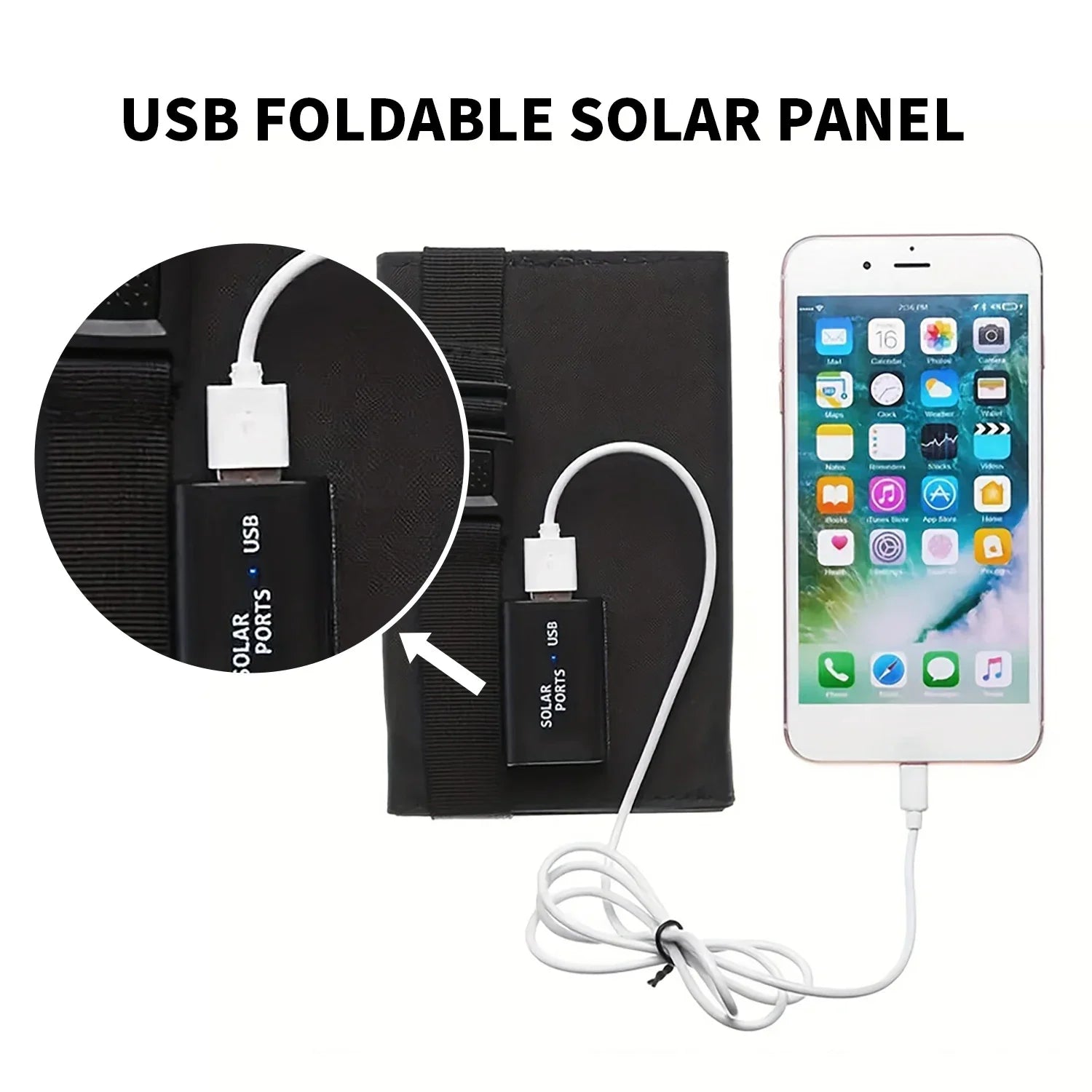 Detalj av sammenleggbart solcellepanel som viser ladekontroller og USB-porter for reisetilbehør.