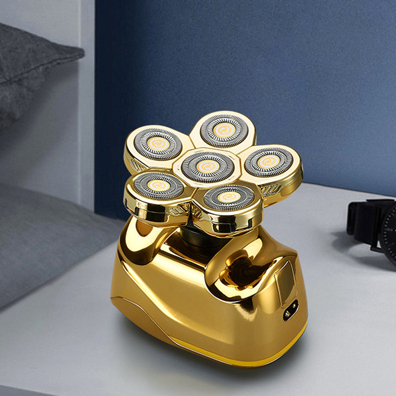 Seksblads elektrisk barbermaskin med ergonomisk design, ideell for tett barbering, avbildet i bruk mot ansiktskonturer.