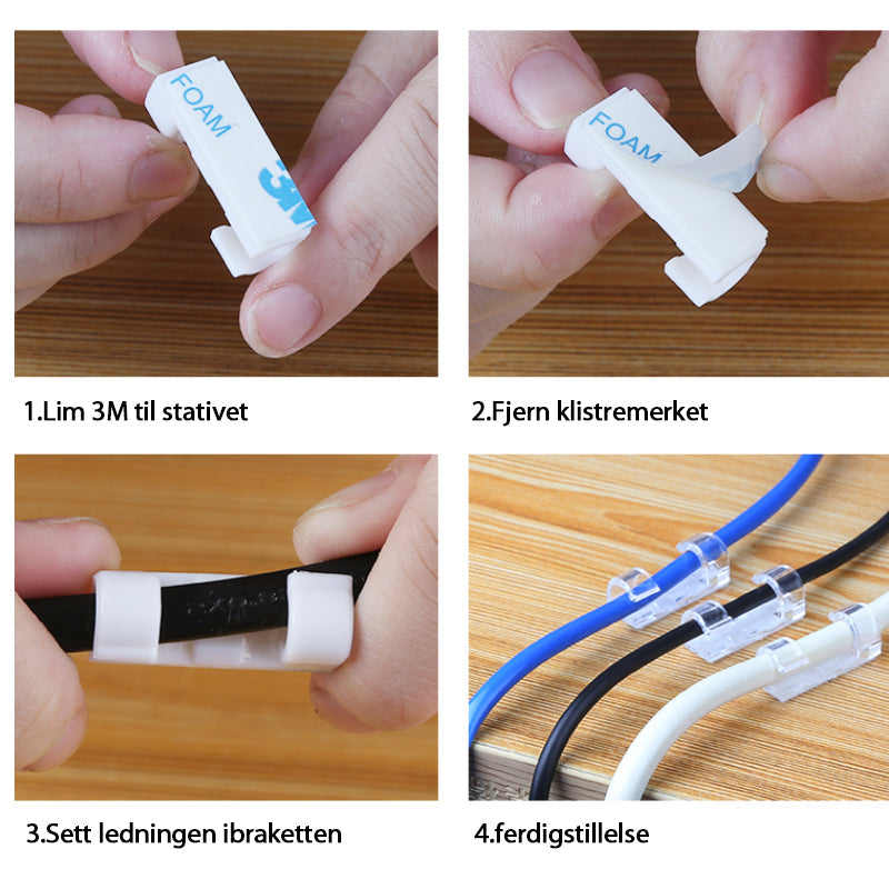 "Selvklebende og holdbare ABS kabelklemmer i gjennomsiktig, hvit og svart for enkel organisering av kabler og ledninger."