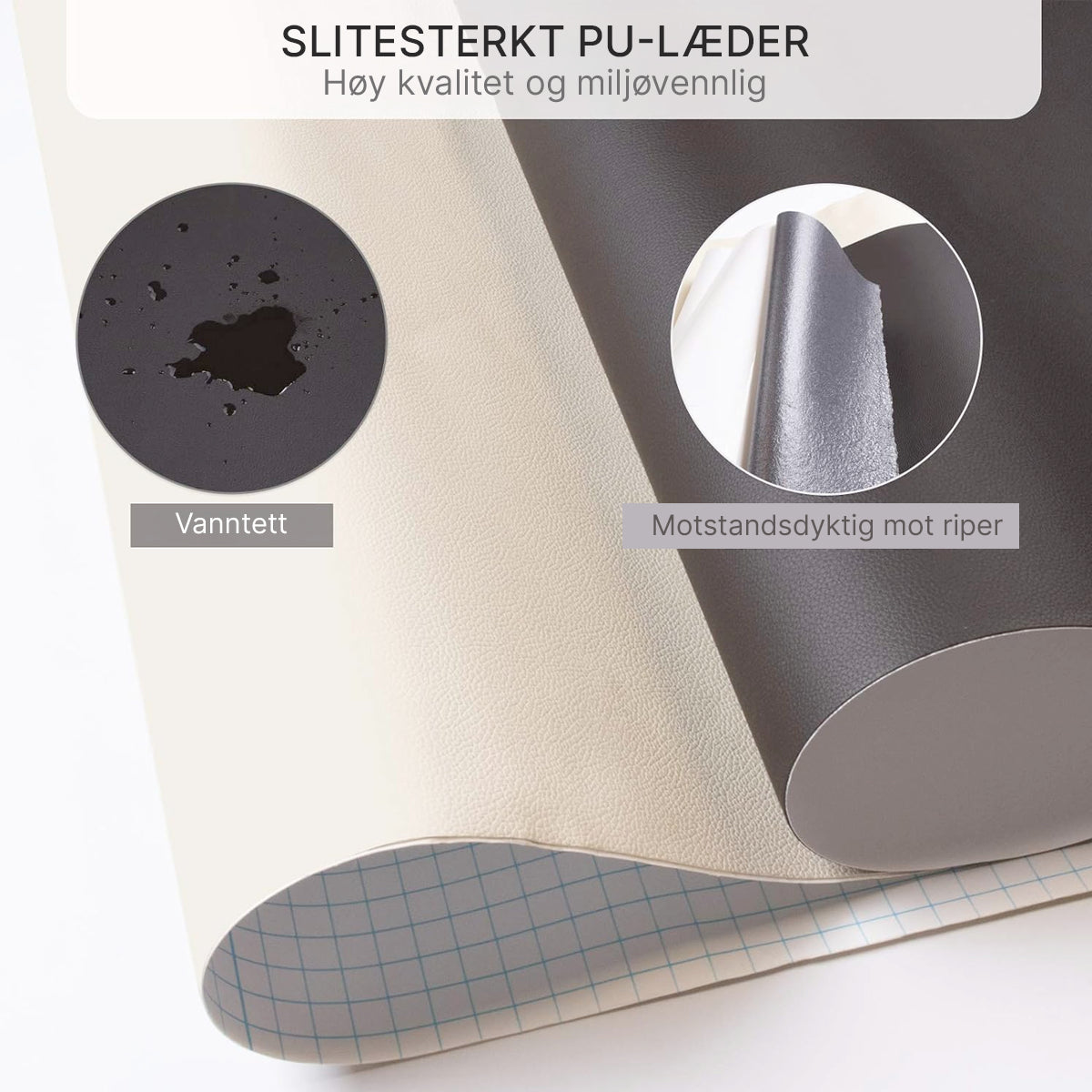 Nærbilde av selvklebende lys beige PU-skinnlapp, perfekt for møbler