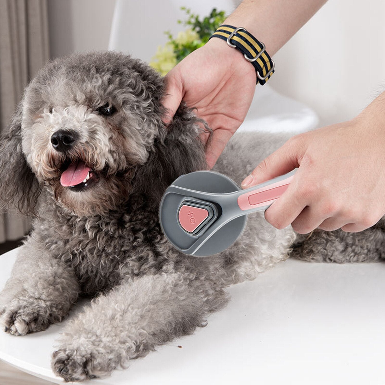 Ergonomisk selvrensende pelsbørste for enkel fjerning av løs pels hos hund og katt.
