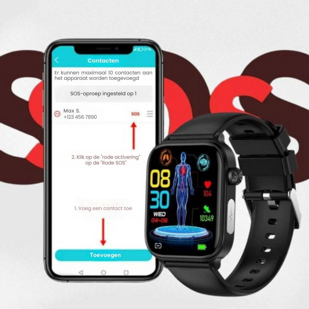 Senior smartklokke med intuitive ikoner for GPS, SOS og helsefunksjoner.