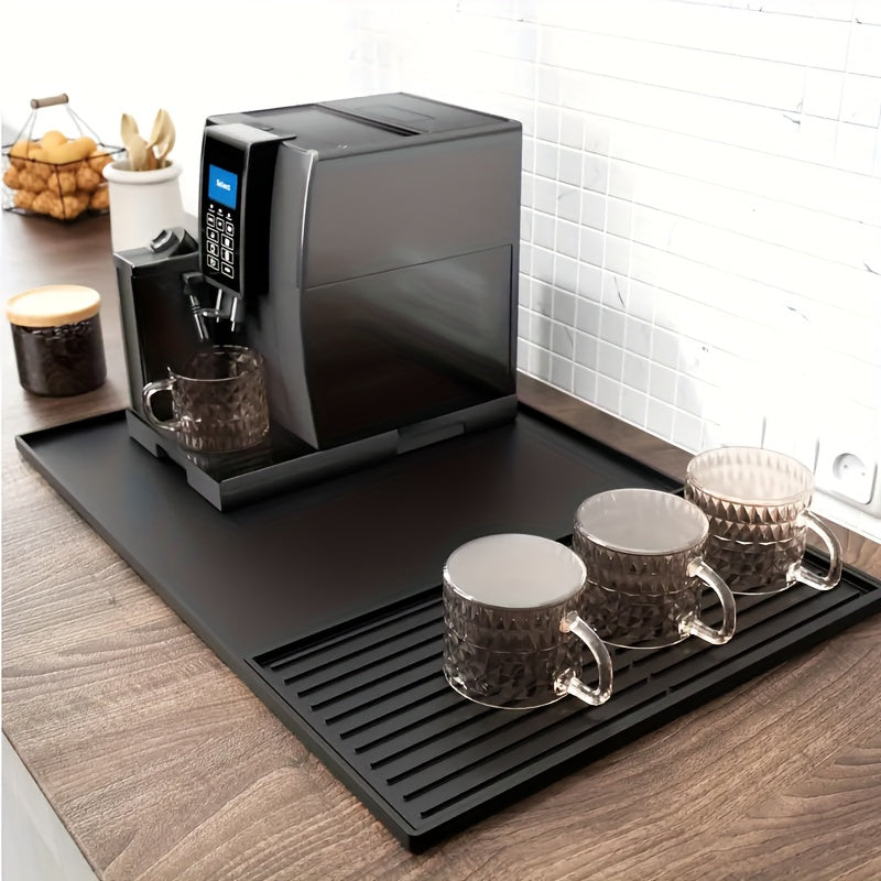 Praktisk 2-i-1 silikonmatte til kaffeområdet; holder benken ren, tørr og organisert; sølfri kaffestasjon.