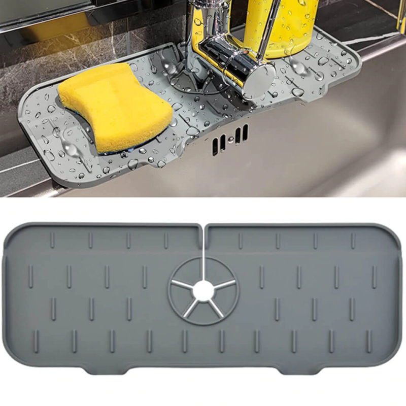"Silikon kranhåndtak dryppfanger i stilrent grått design, holder benkeplaten tørr med effektiv vanndrenering."