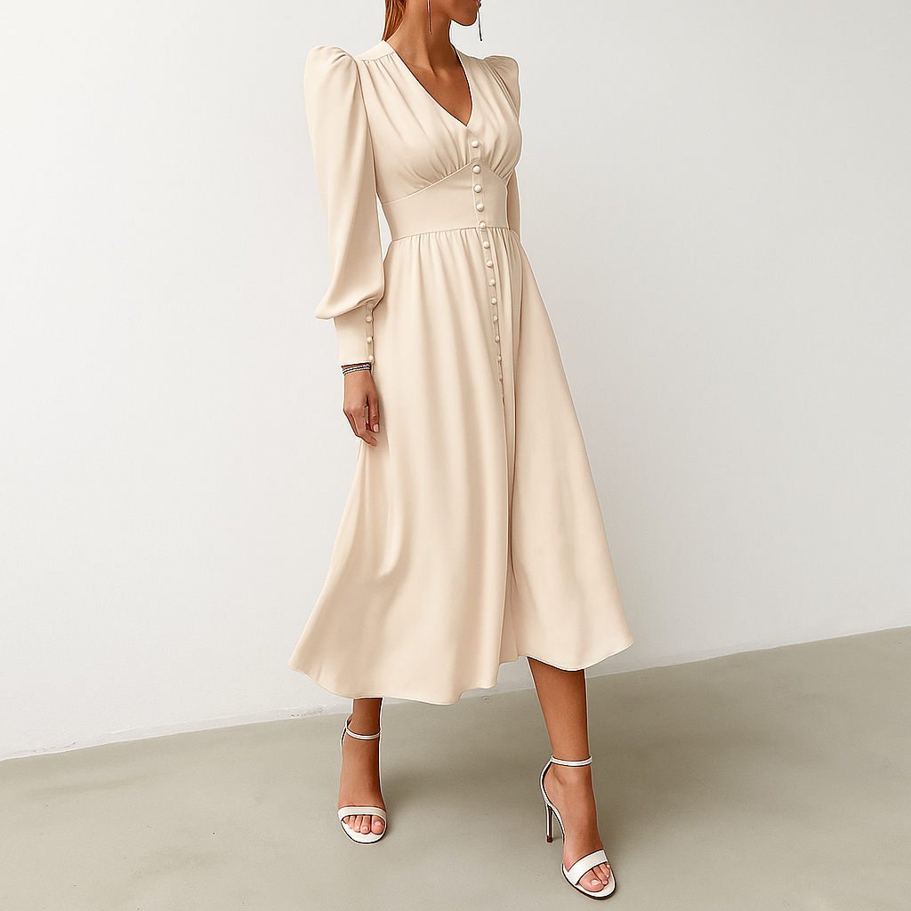 "Silkemyk midikjole med v-hals, romantiske puffermer og sofistikert passform for en elegant og feminin stil."